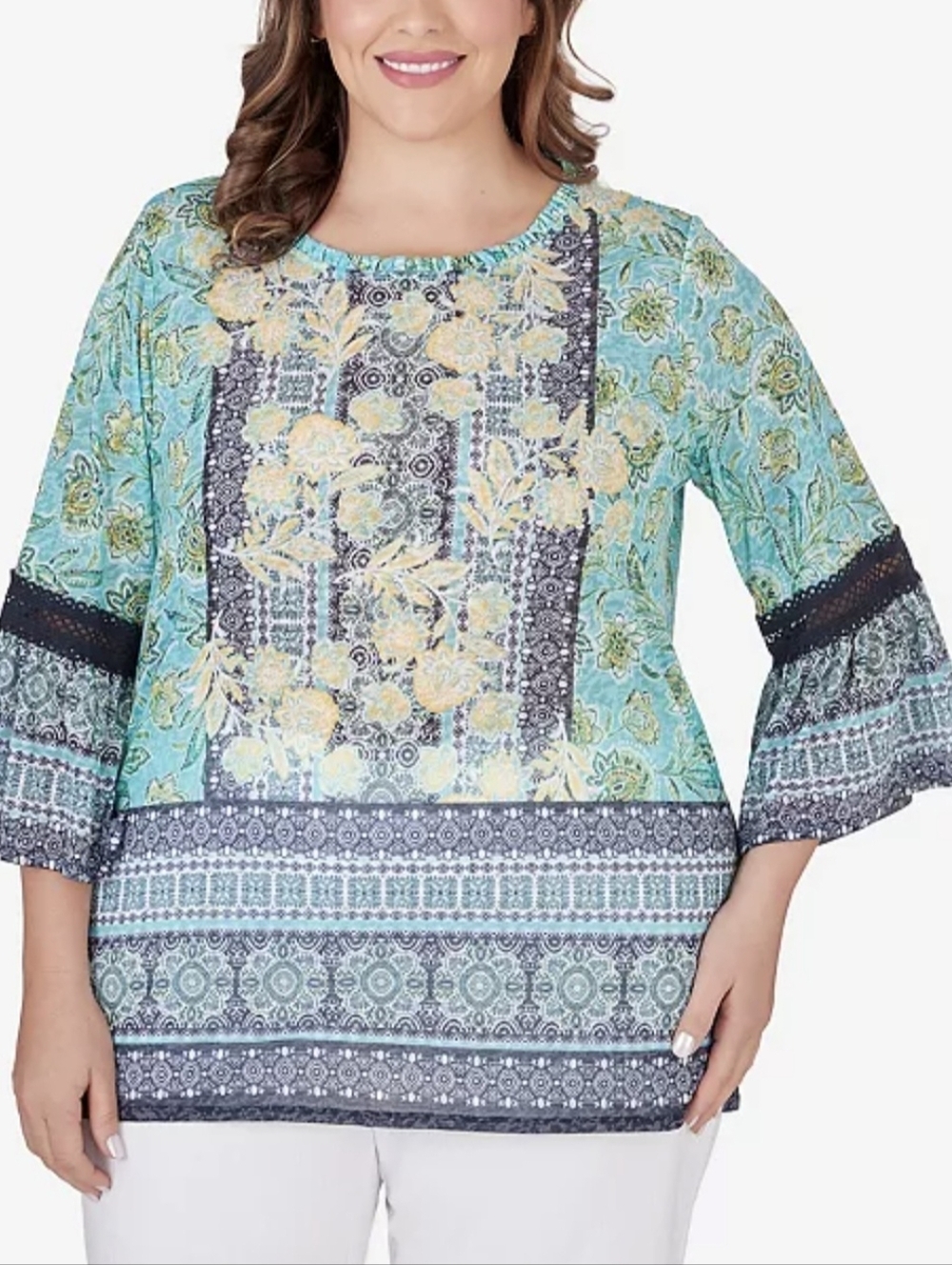 Ruby Rd. Plus Size Aqua Floral Mixed-Print Bell Sleeve Top 1X